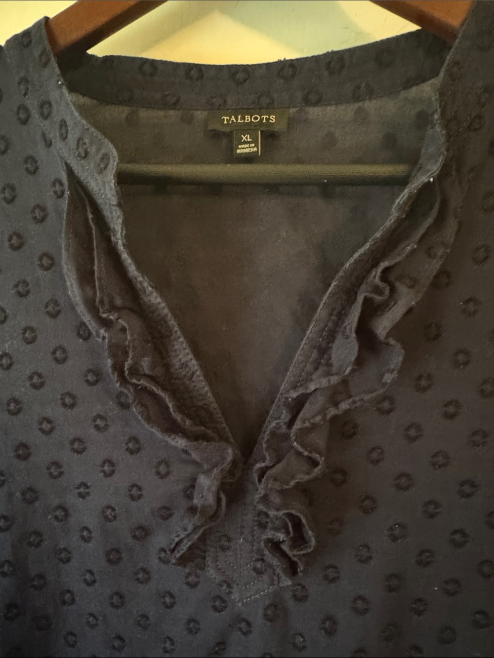 Talbots Navy Swiss-Dot Ruffle V-Neck Top - Picture 5 of 9